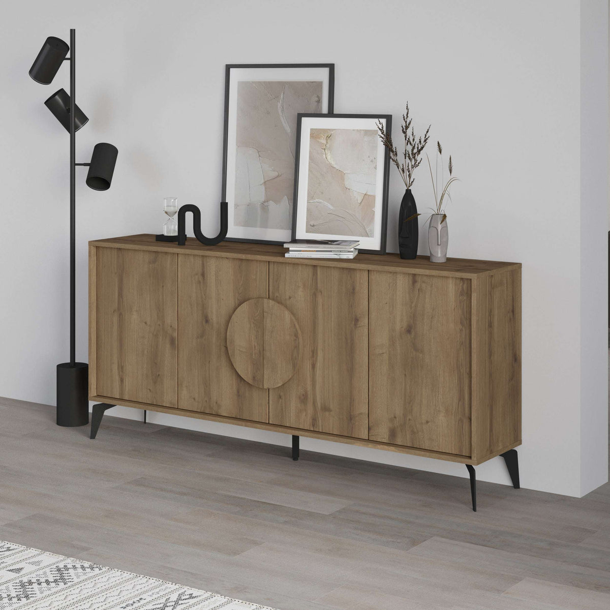 Wood console sideboard with three cabinet doors and round wood-look center handle