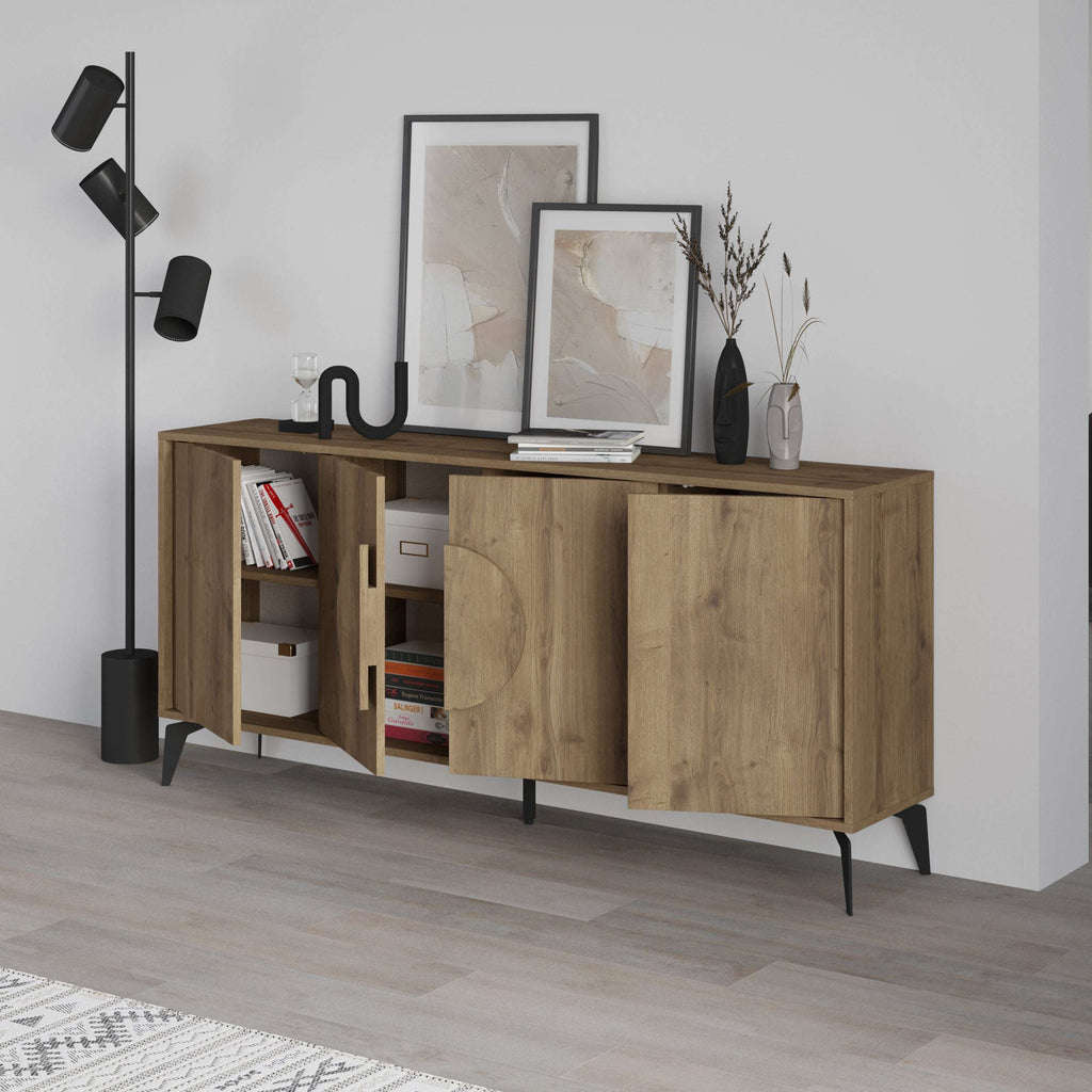 Oak console sideboard display unit with open shelves, hinged doors, and circular cut-out fronts