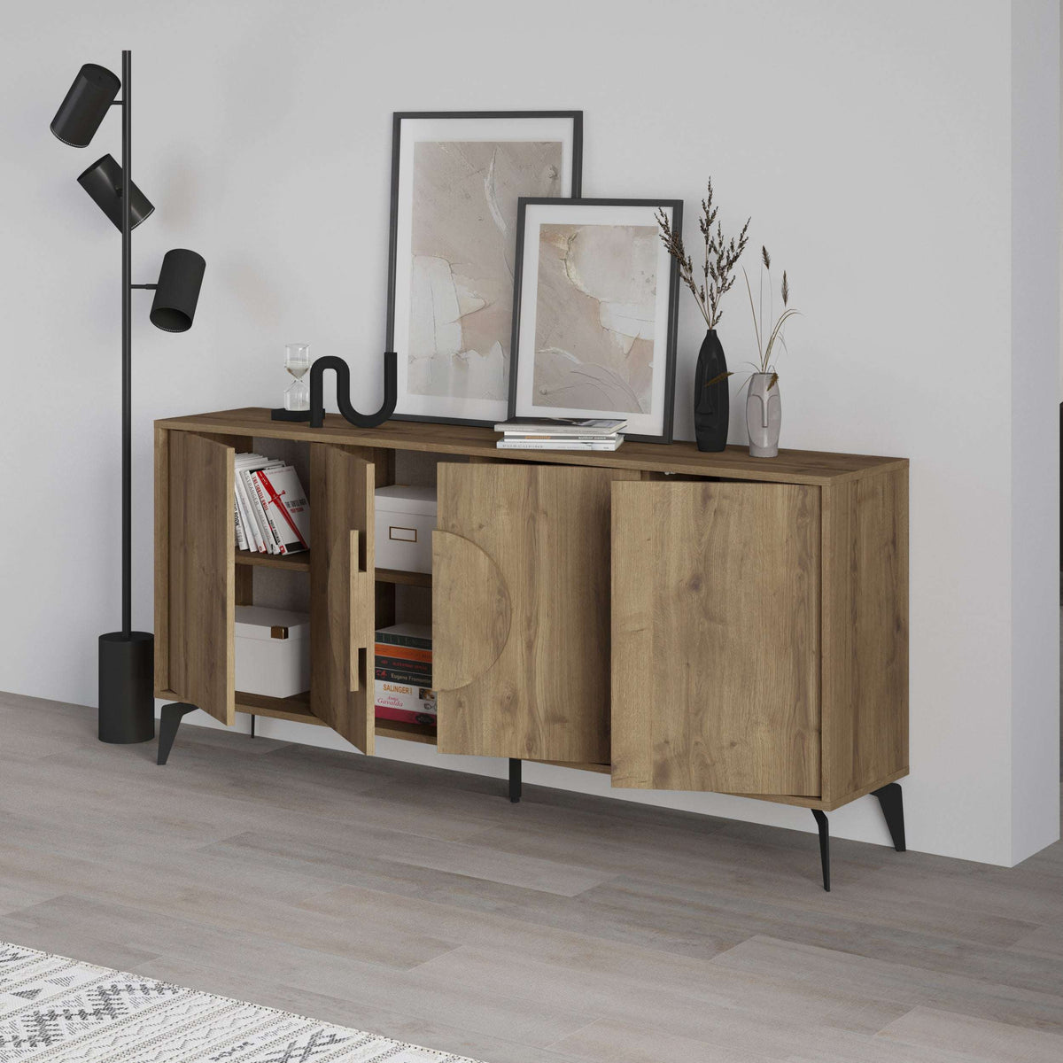 Oak console sideboard display unit with open shelves, hinged doors, and circular cut-out fronts