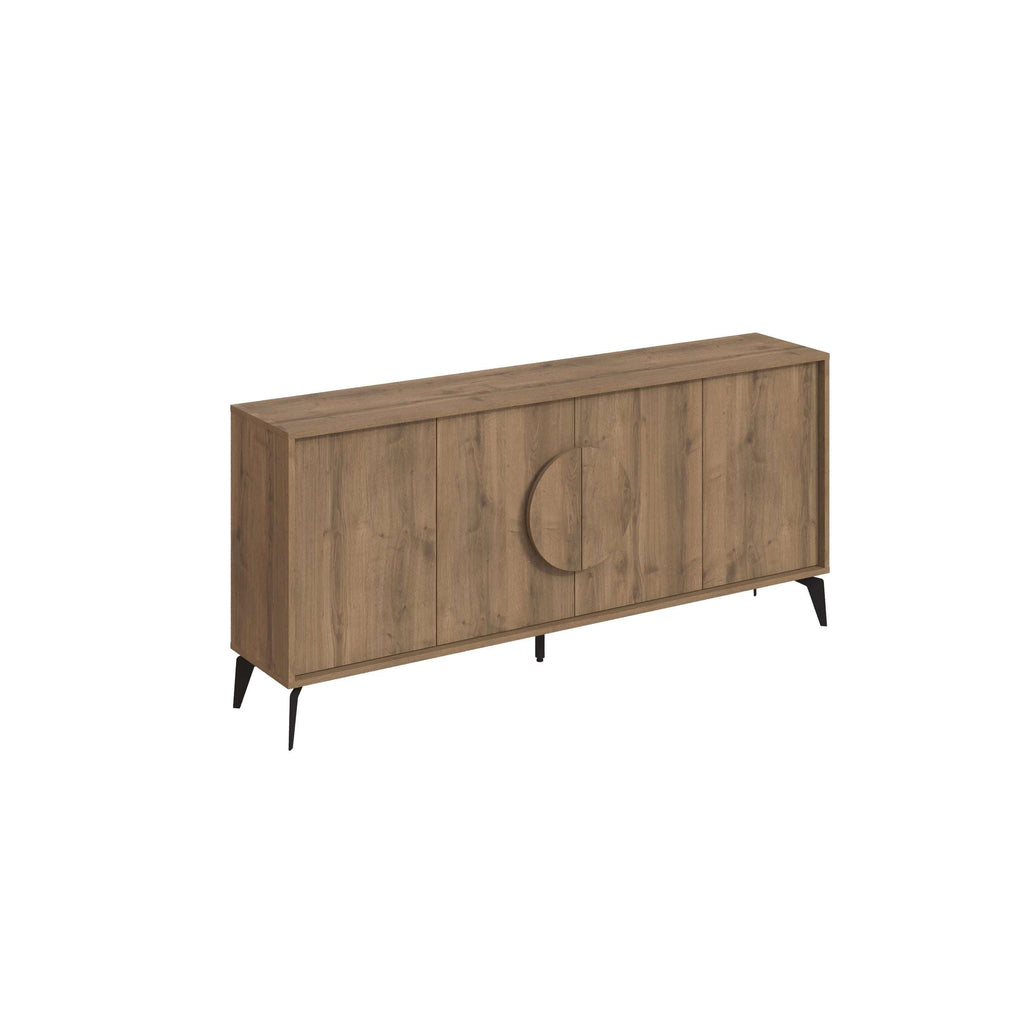 Oak console sideboard with three-door layout, circular handle cut-out, and black legs
