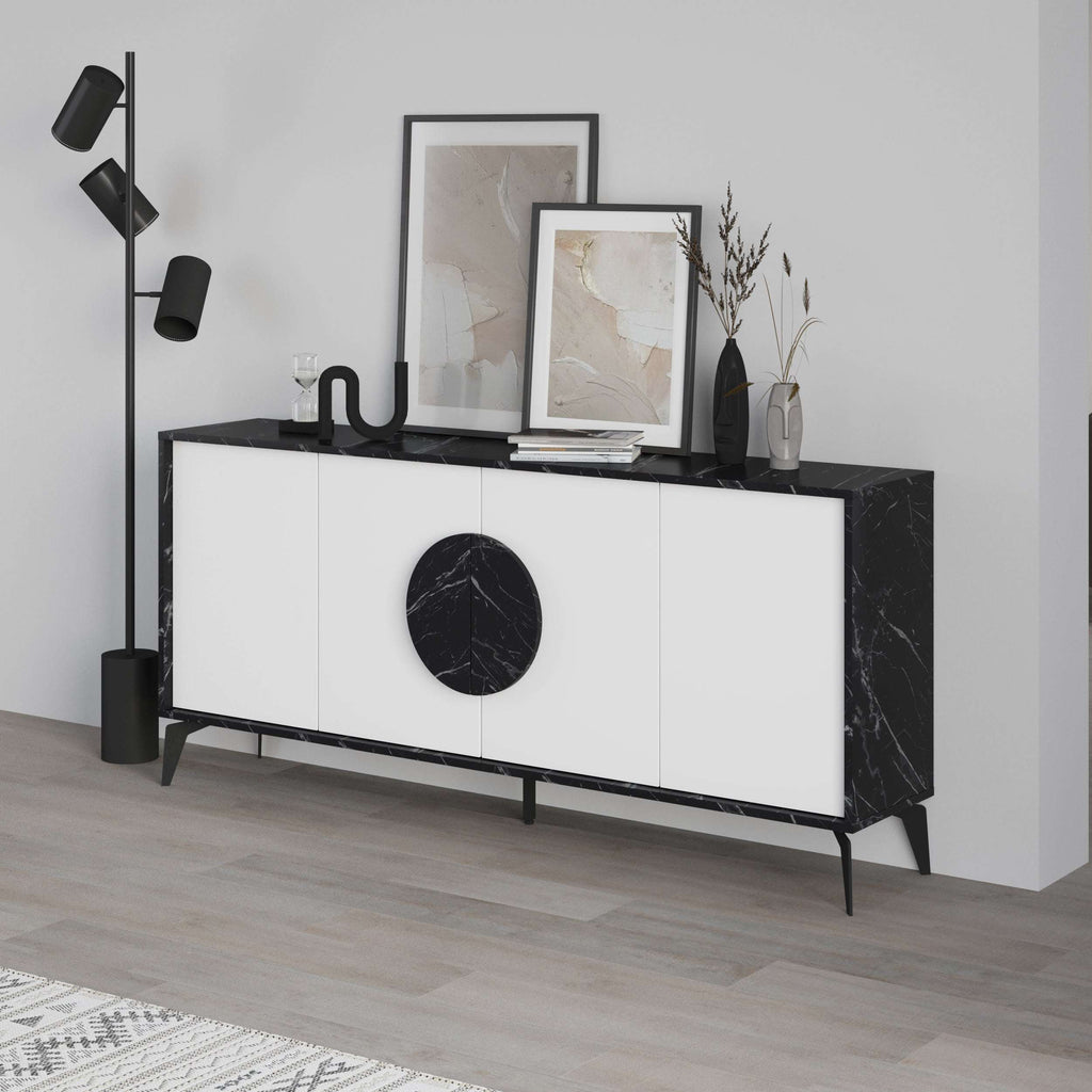 White console sideboard with black marble-look ends and dark circular door handle