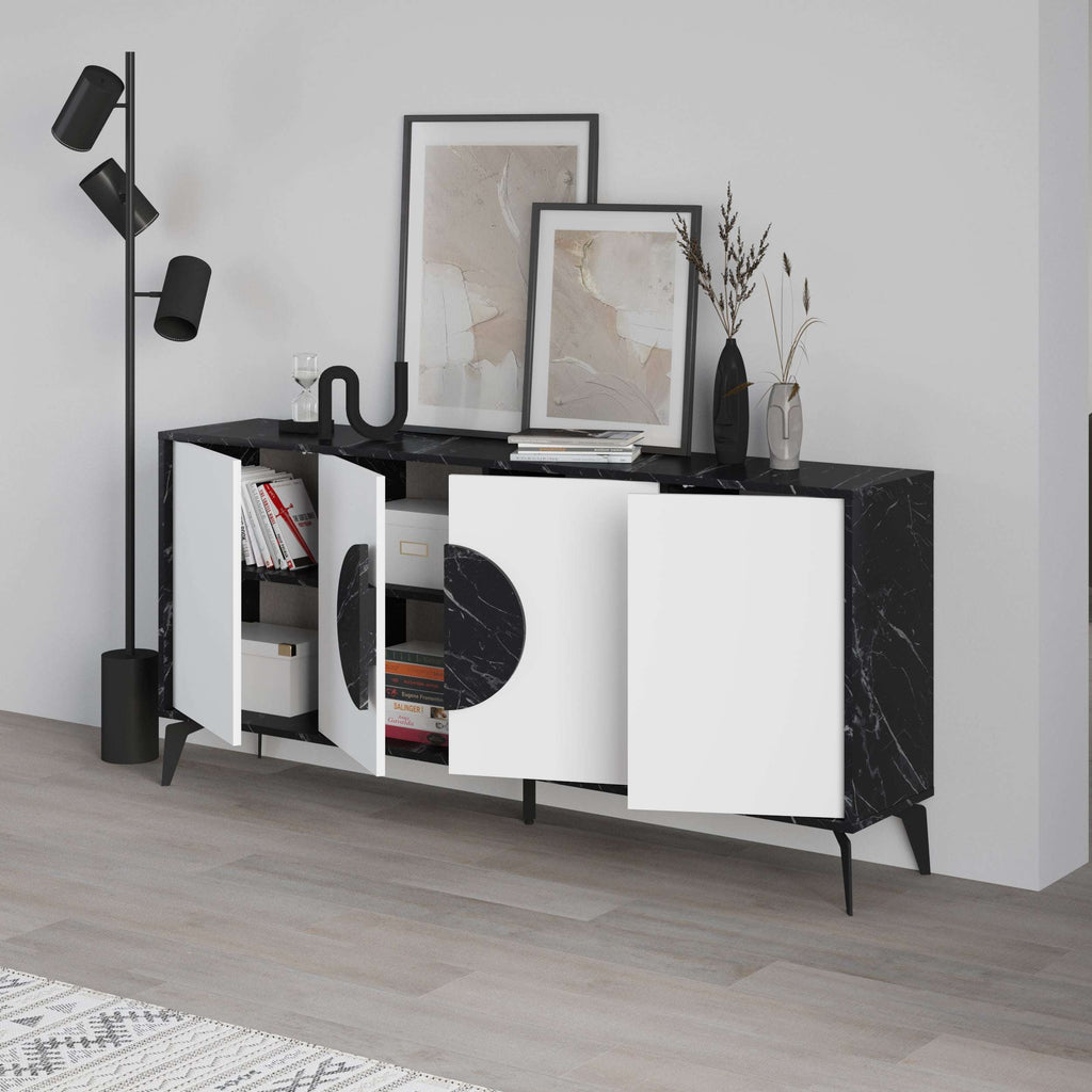 Marble-look black console sideboard display unit with white doors and slim black legs