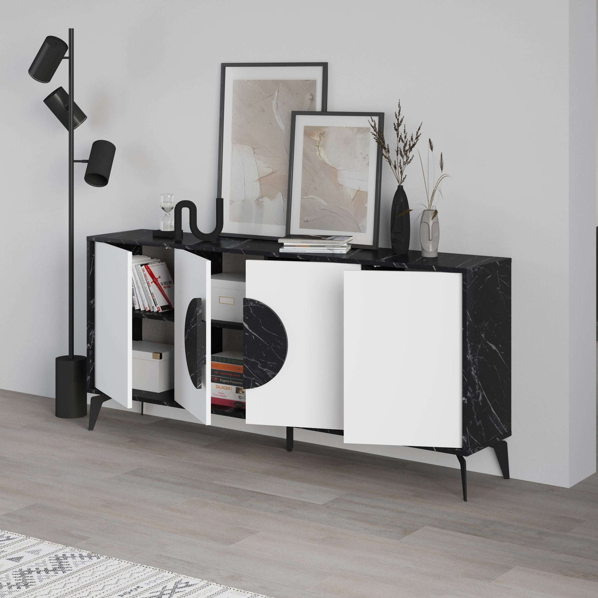 Marble-look black console sideboard display unit with white doors and slim black legs