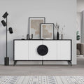 White console sideboard with black round door handle and dark metal legs