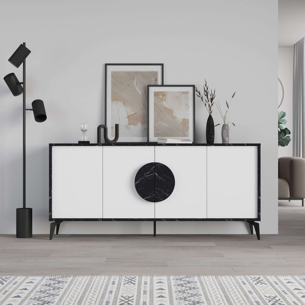 White console sideboard with black round door handle and dark metal legs