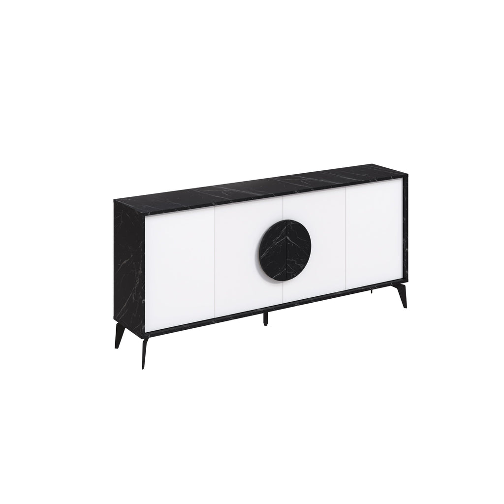 Black-top console sideboard with white doors, circular handle cut-out, and tapered legs