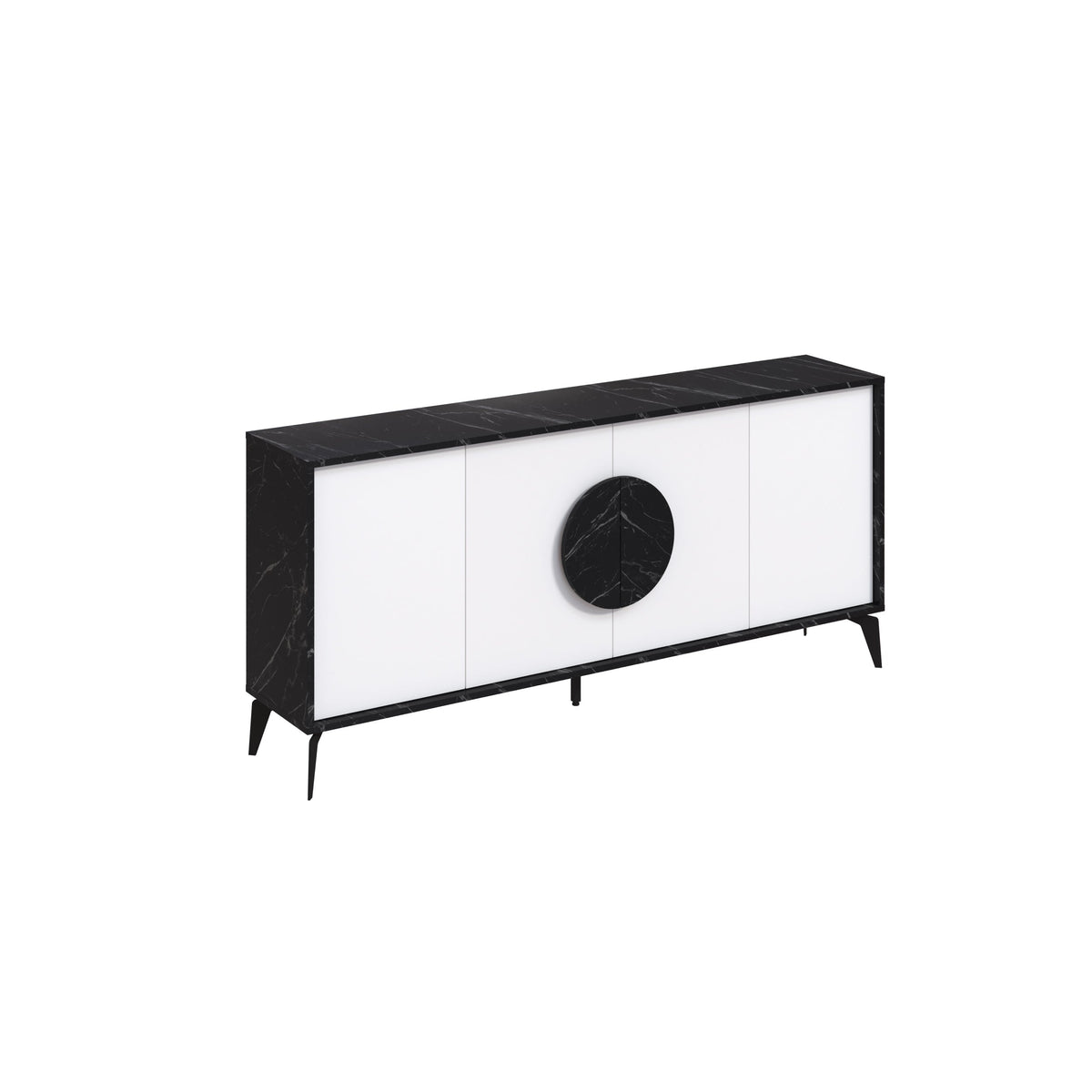 Black-top console sideboard with white doors, circular handle cut-out, and tapered legs