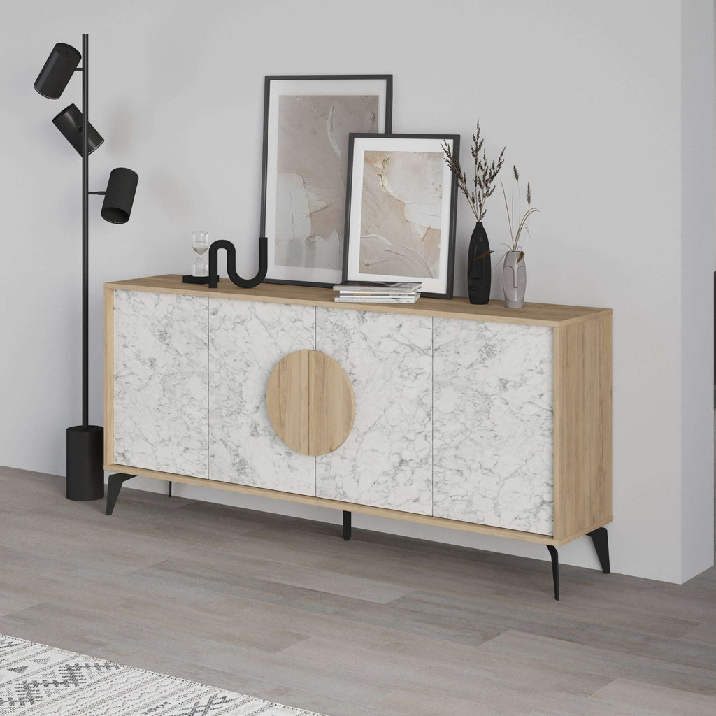 Marble-look console sideboard with oak side panels and round wood door handle
