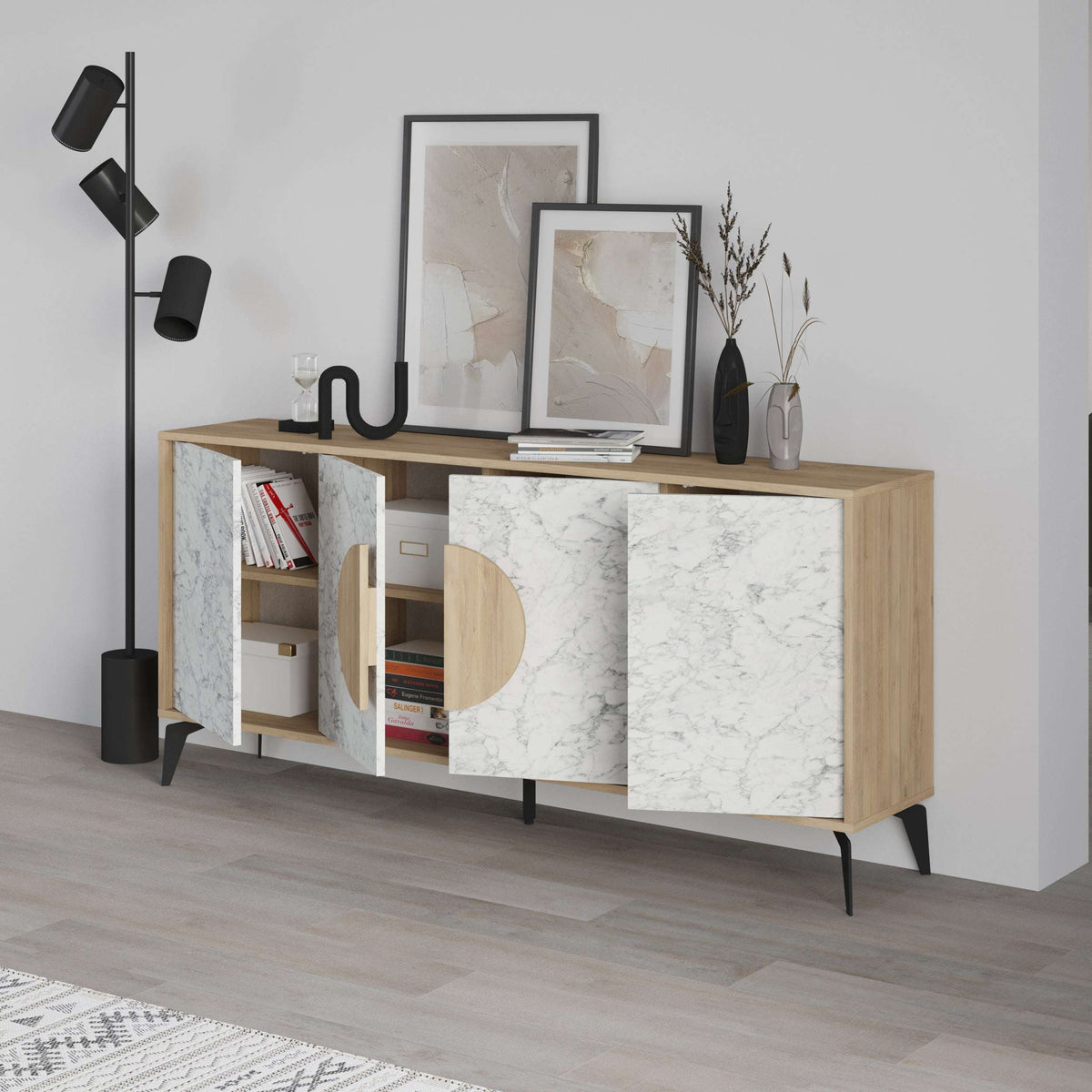Oak console sideboard with marble-look white doors and circular handle cut-outs