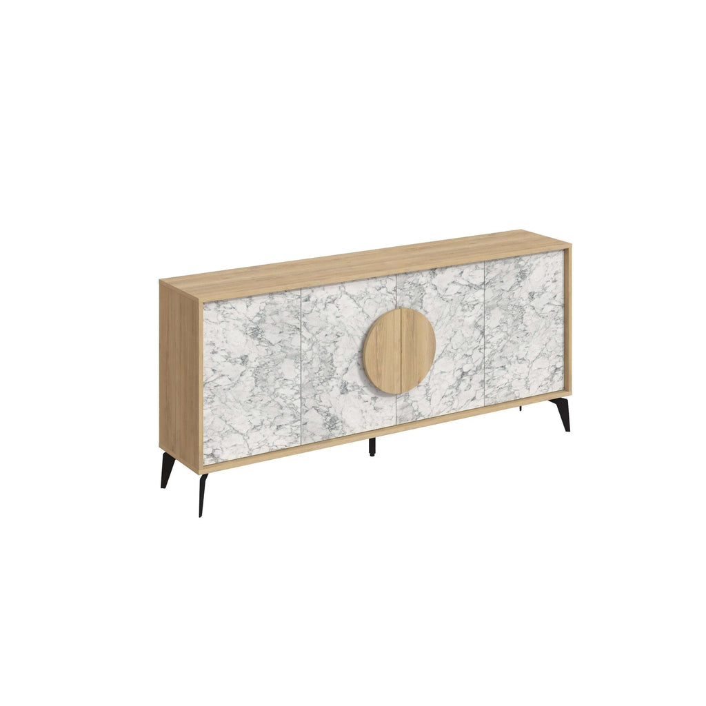Marble-look white console sideboard with oak frame, circular handle cut-out, and black legs