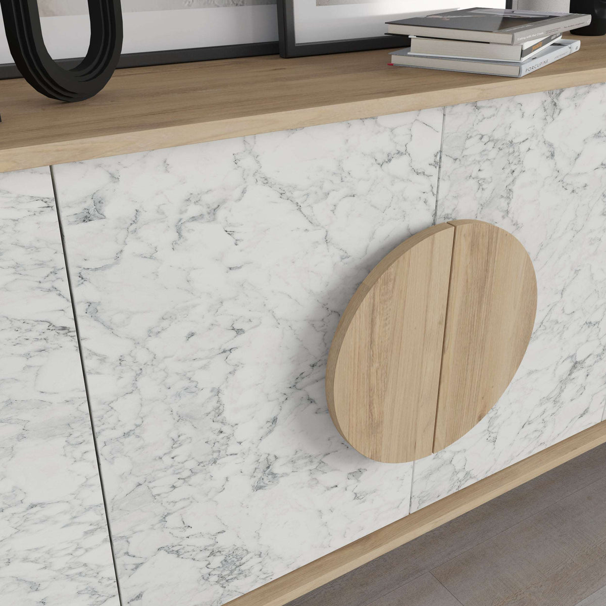 Marble-look sideboard console with light wood frame and circular door on front