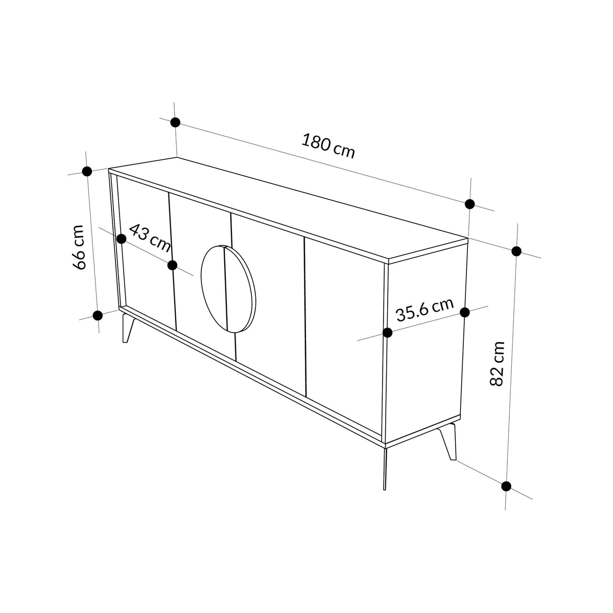 Console sideboard dimensions: 180 cm wide, 86 cm high, 28 cm deep, 35.5 cm deep