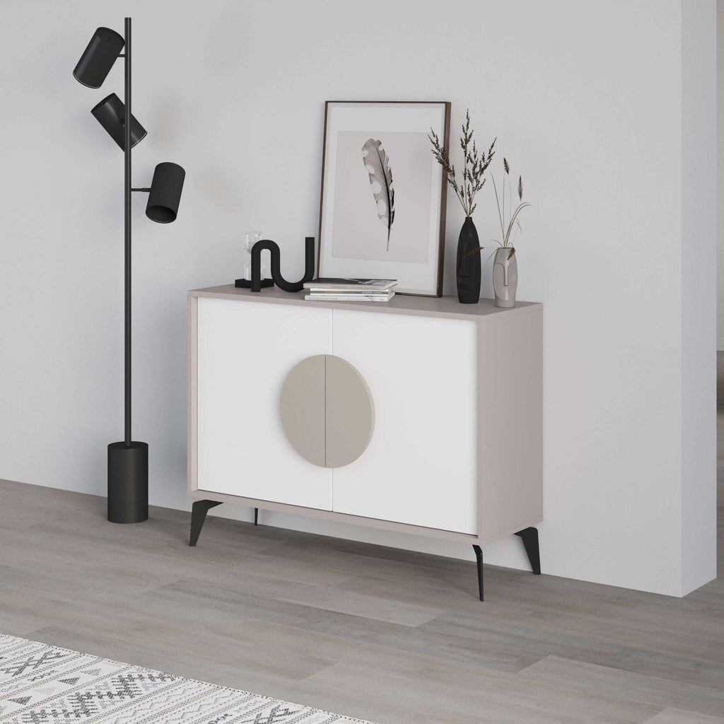 Modern sideboard display unit with white cabinet doors and round center knob