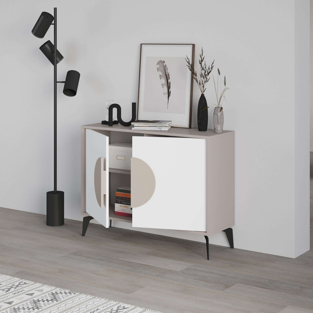 Modern console sideboard cabinet in white with beige circular door, open compartment left