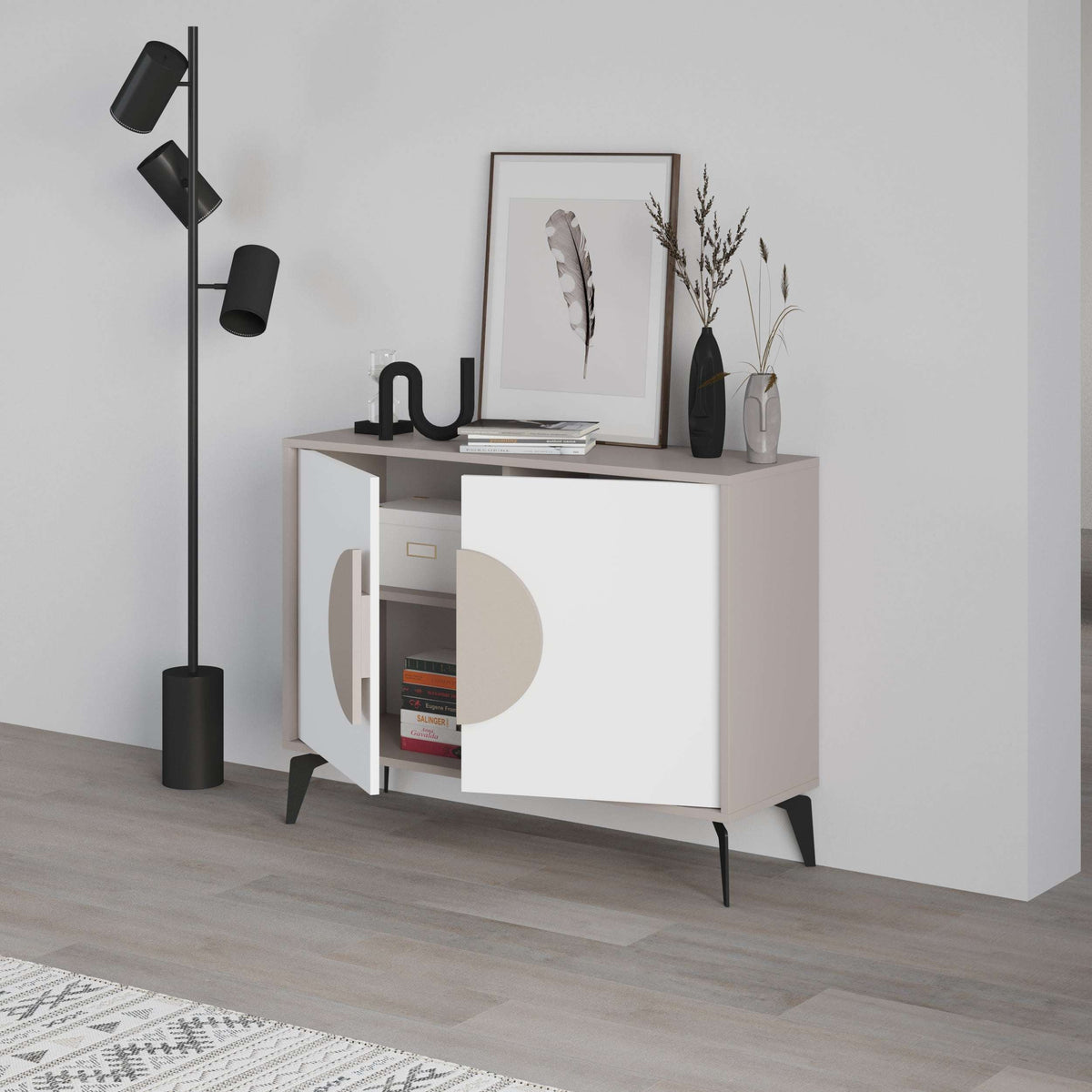 Modern console sideboard cabinet in white with beige circular door, open compartment left