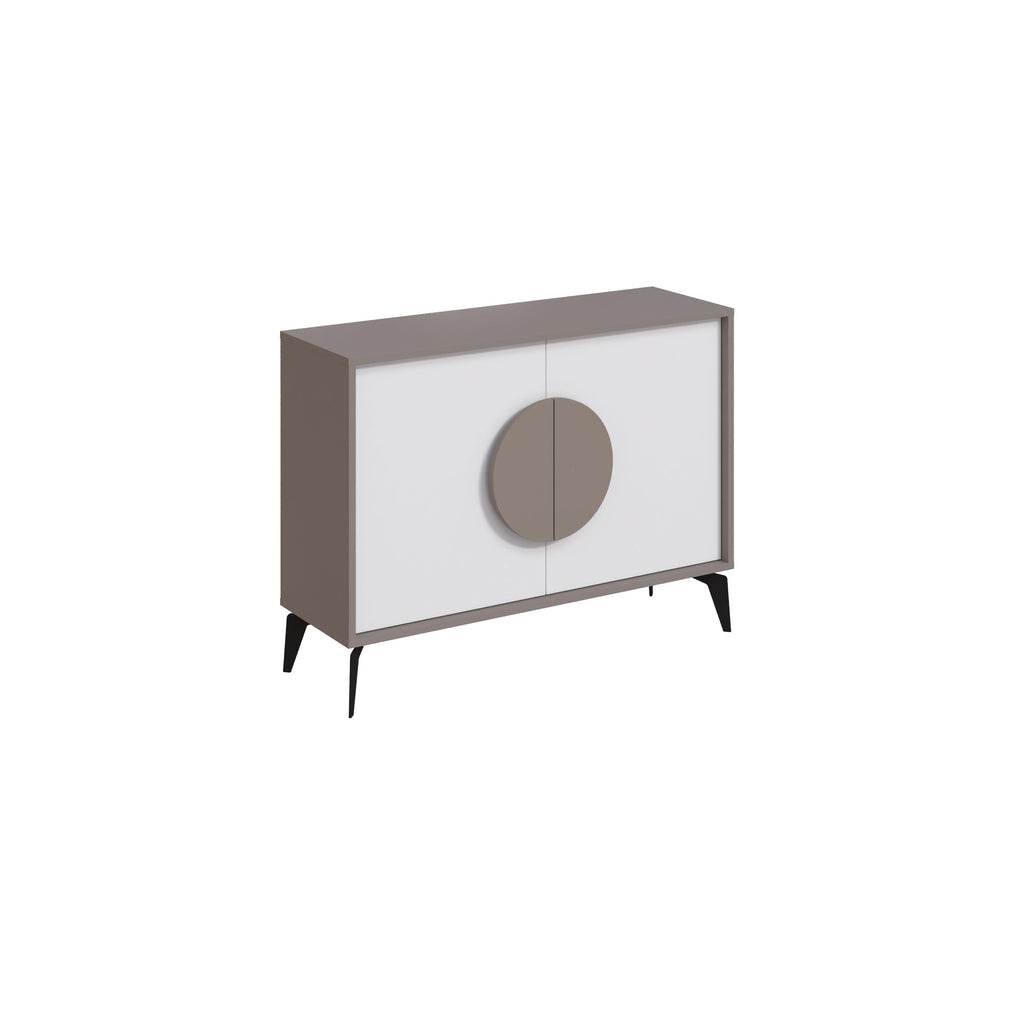 Modern console sideboard cabinet with brown frame, white panels, and taupe circular door