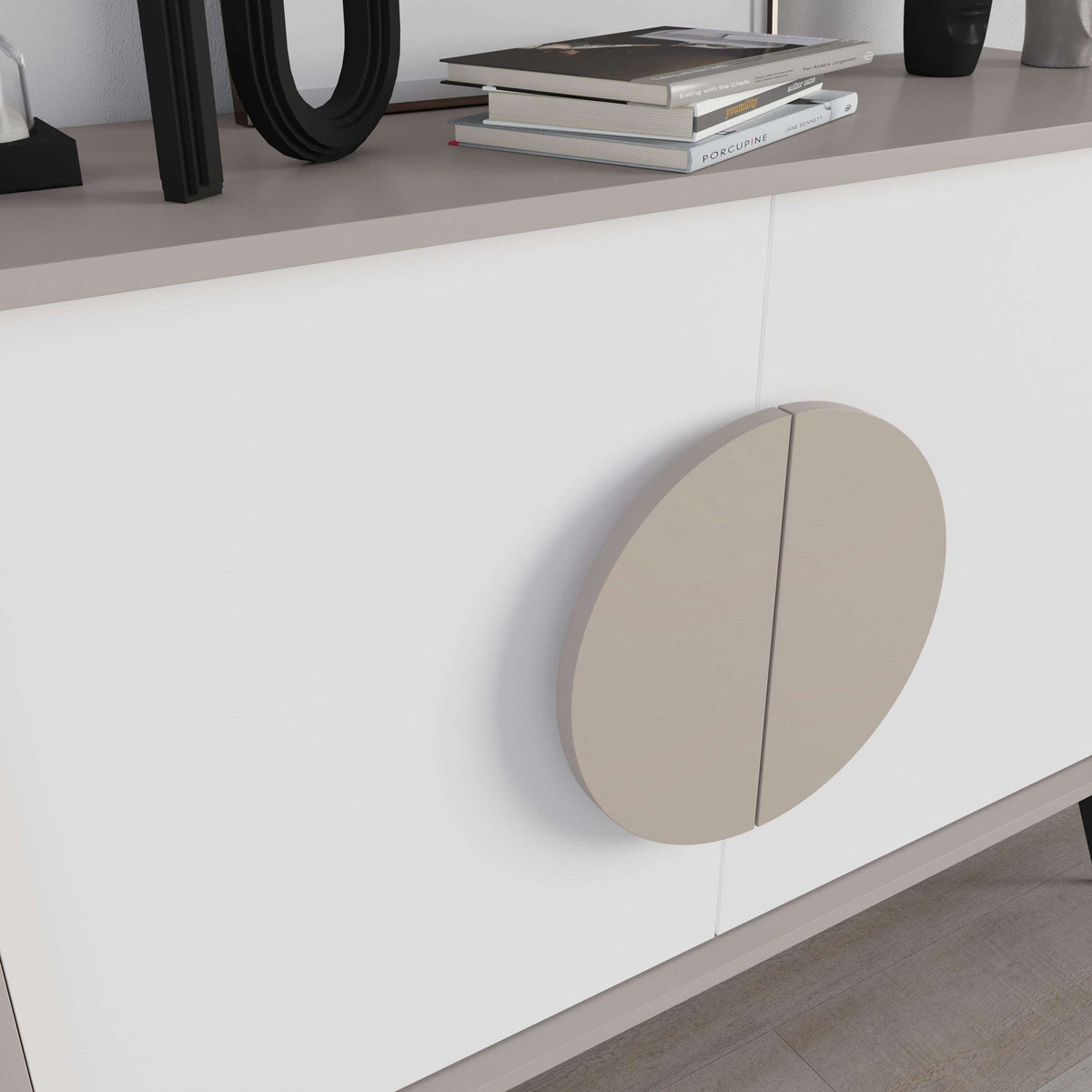 Modern console sideboard cabinet in white with beige circular door and vertical seam