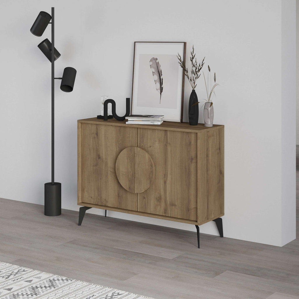 Modern sideboard display unit with light oak finish and circular door detail