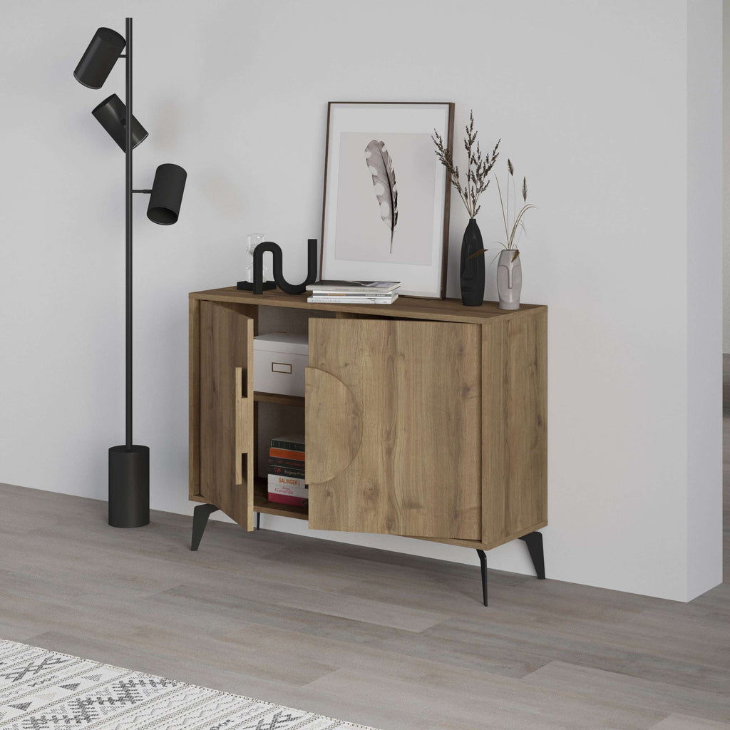Modern sideboard display unit in light oak with open storage shelf and circular door