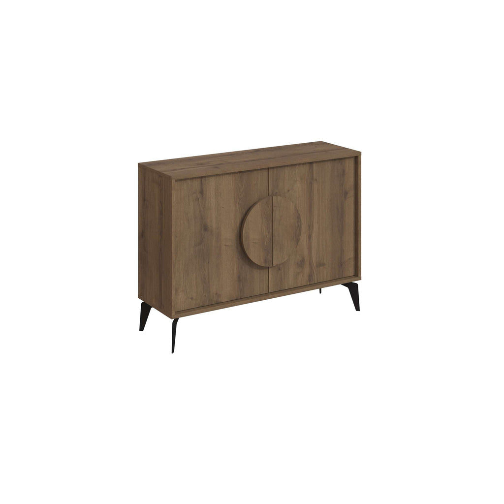 Light oak sideboard display unit with circular door detail and tapered legs