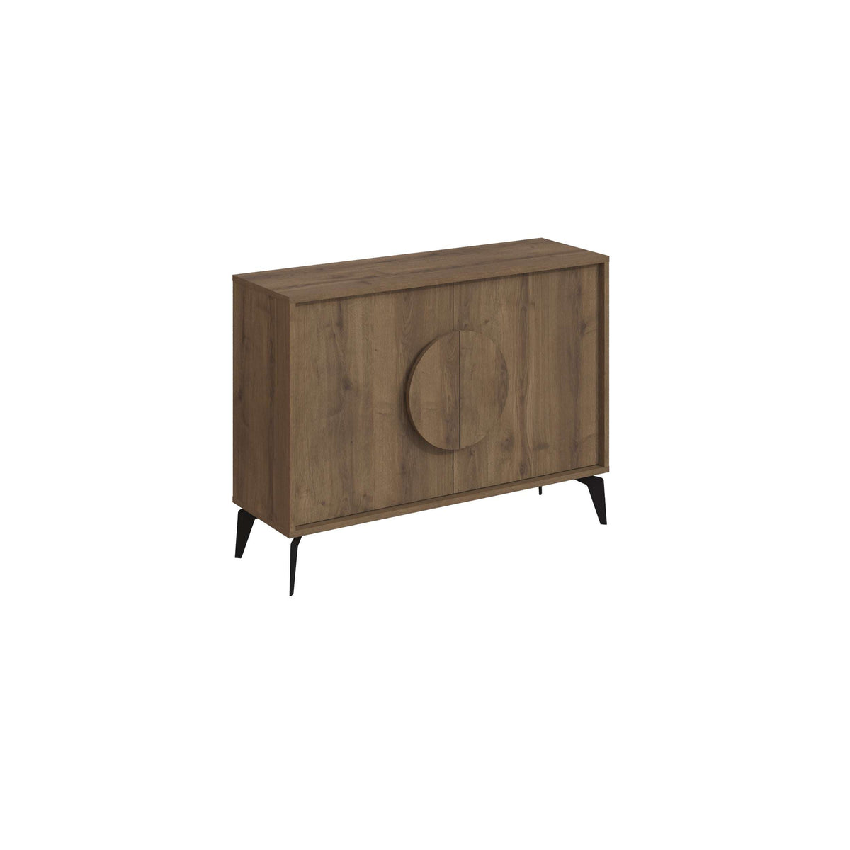 Light oak sideboard display unit with circular door detail and tapered legs