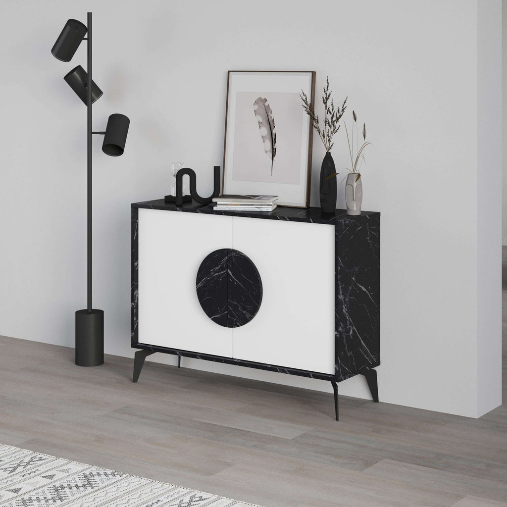 Modern sideboard display unit with white cabinet doors and black marble side panels
