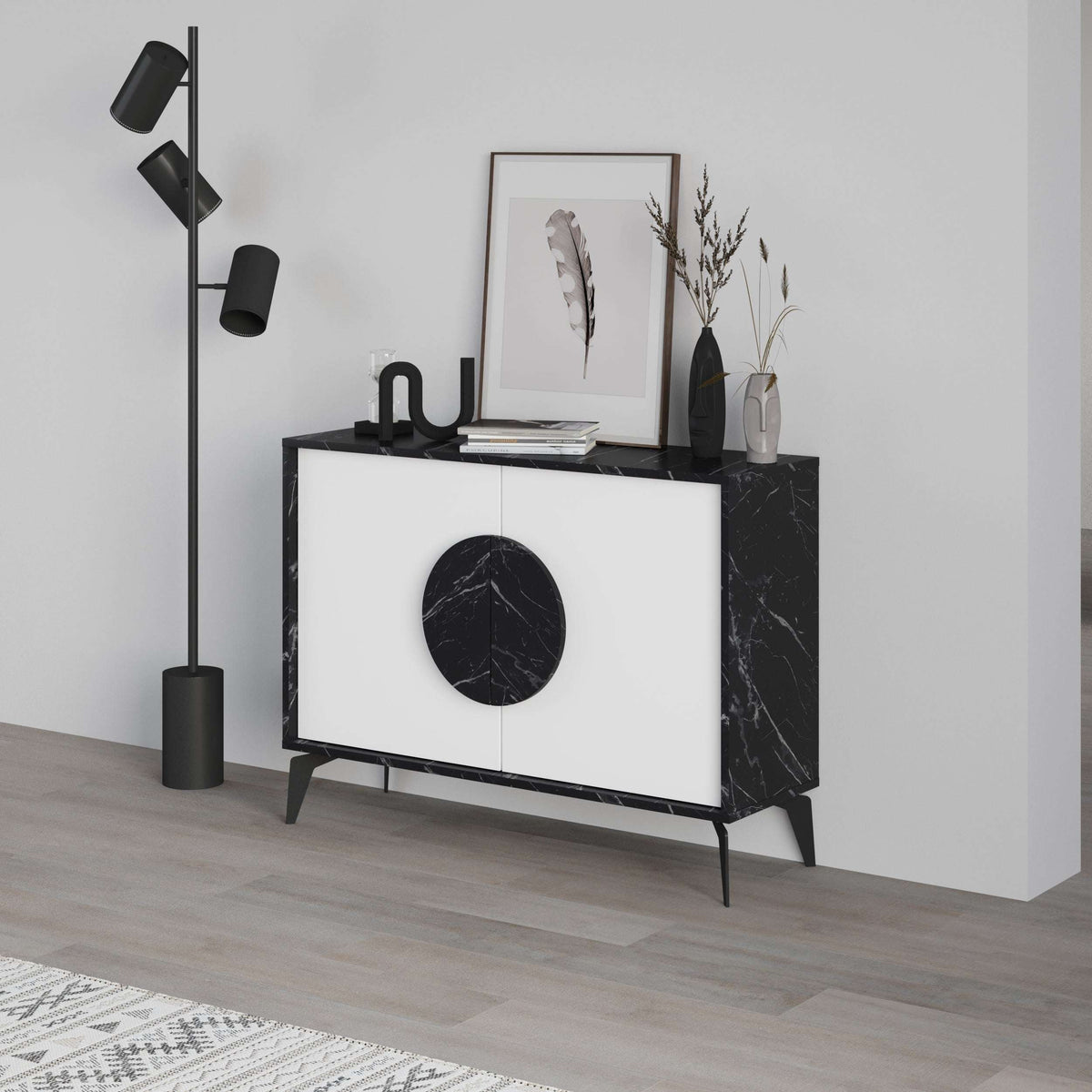 Modern sideboard display unit with white cabinet doors and black marble side panels