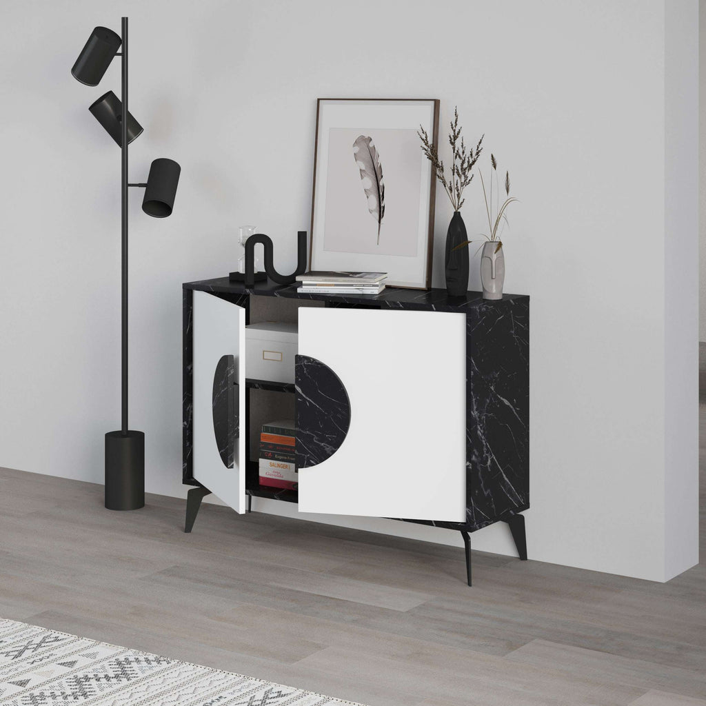 Modern sideboard display unit with white doors and black marble-style cabinet sides