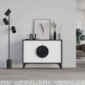 Modern sideboard display unit with white doors and black marble-style side panels