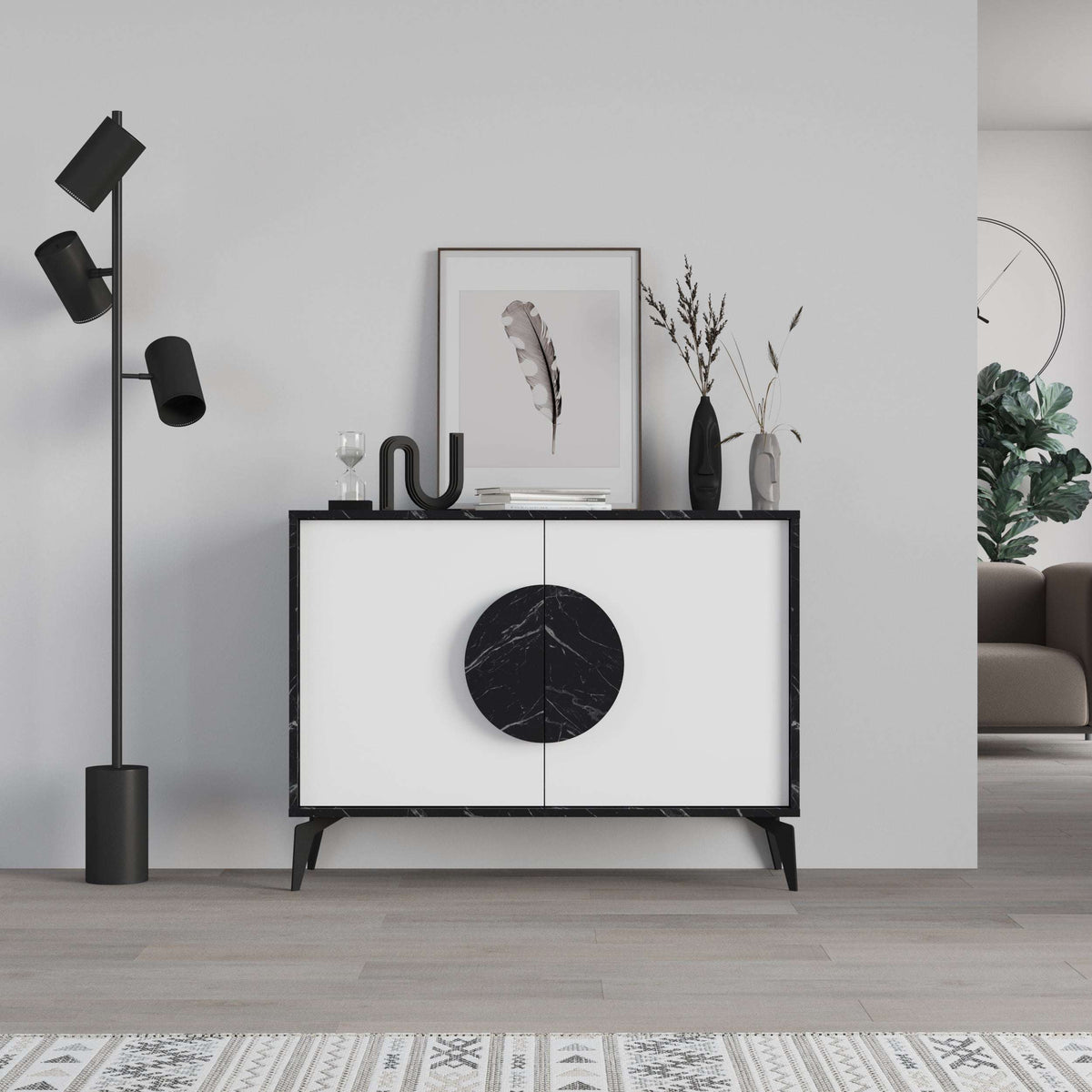 Modern sideboard display unit with white doors and black marble-style side panels