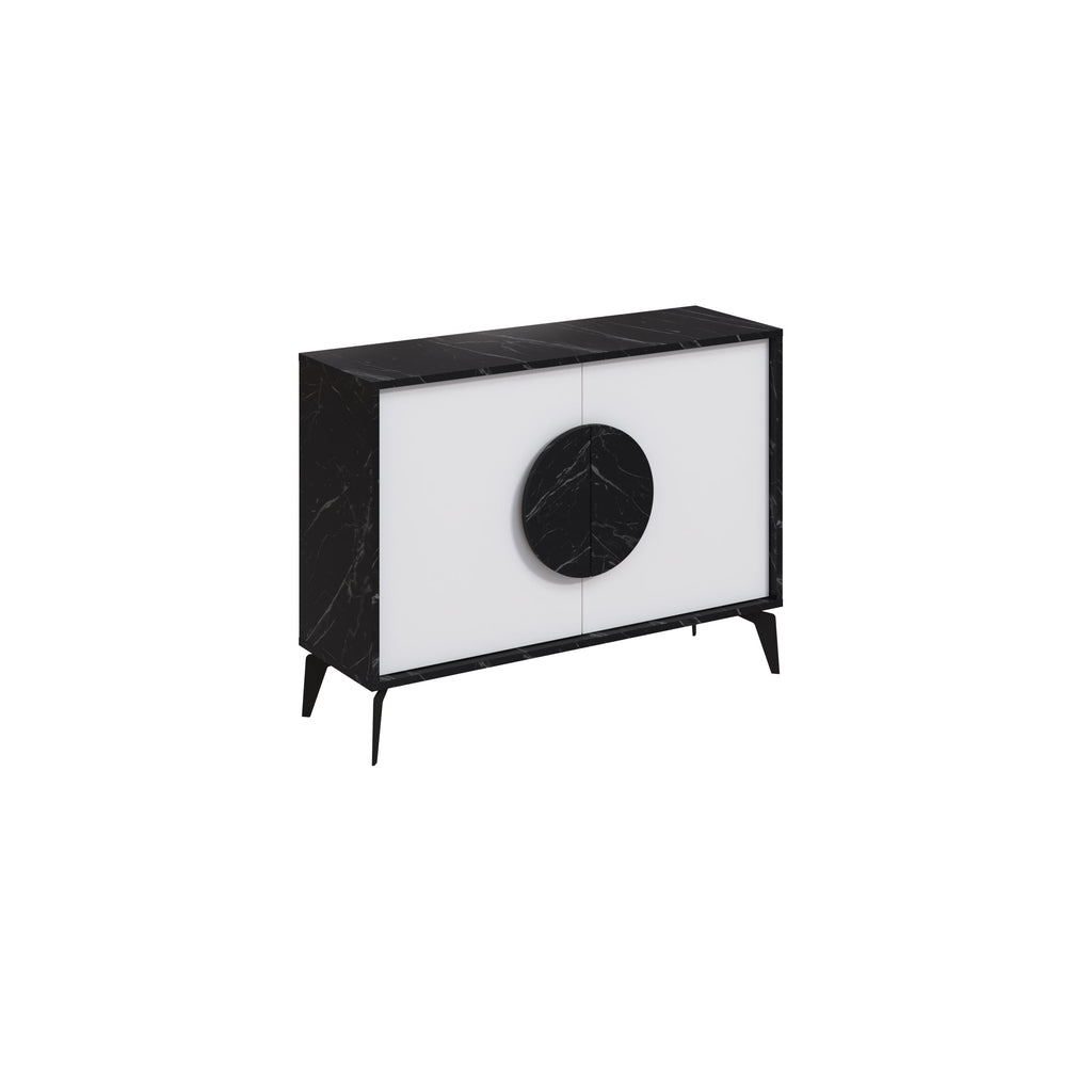 Compact sideboard display unit with black marble top, white doors, and circular knob