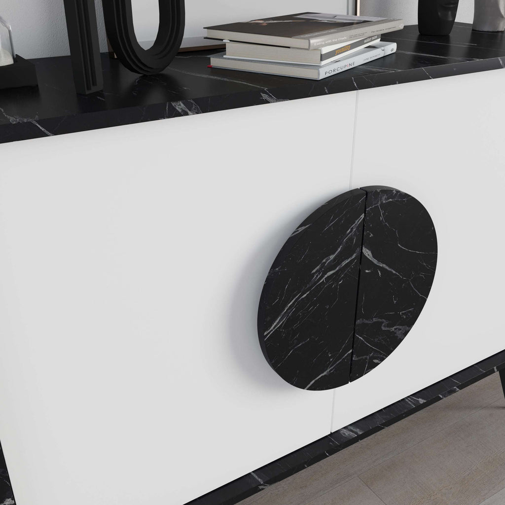 Modern console sideboard cabinet in white with black marble-look circular door front