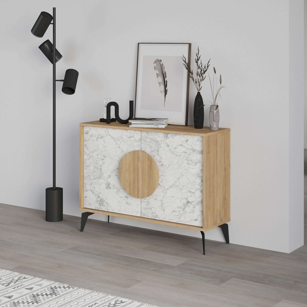 Modern console sideboard cabinet with white marble-look panel, oak frame, and wood circular door