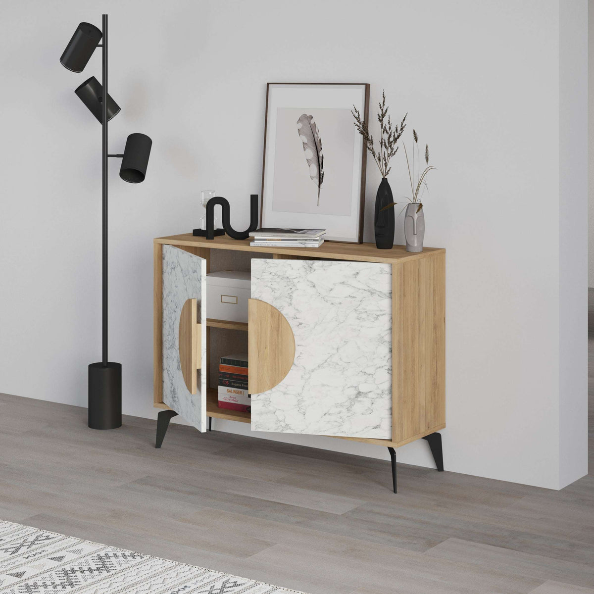 Modern console sideboard cabinet with white marble-look front, oak sides, and wood circular door