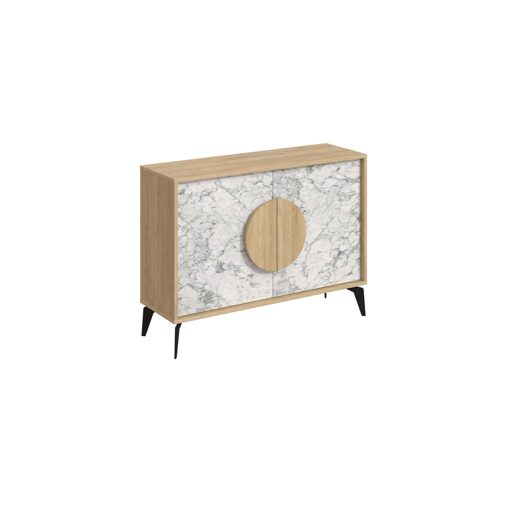 Modern console sideboard cabinet with white marble-look front, oak frame, and round wood door