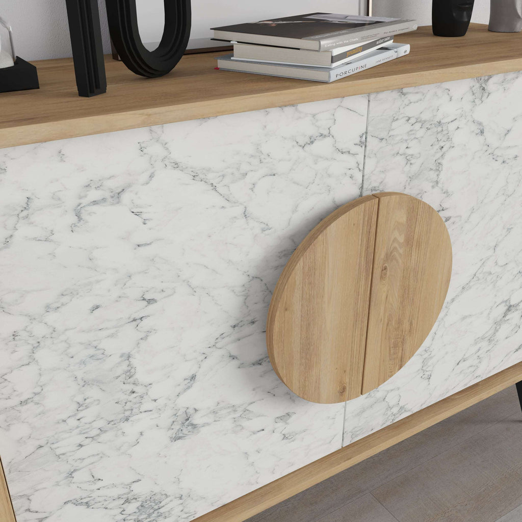 Modern console sideboard cabinet corner with white marble-look top and round oak door panel
