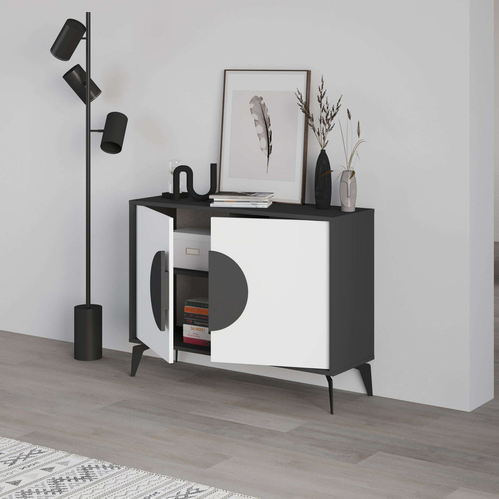 Modern console sideboard with open cabinet door, showing interior storage and circular handle