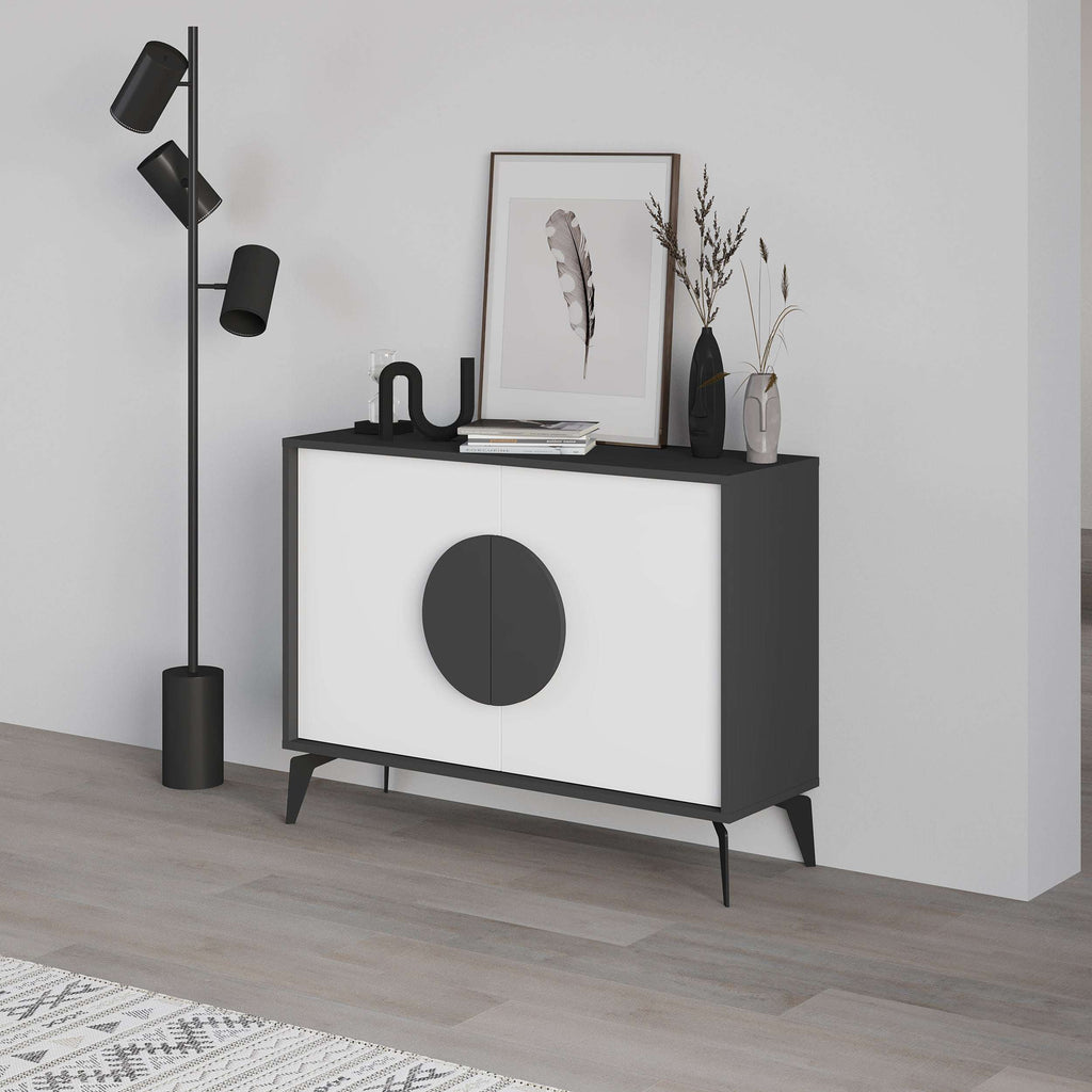 Modern sideboard cabinet with dark frame, white doors, and large circular handle