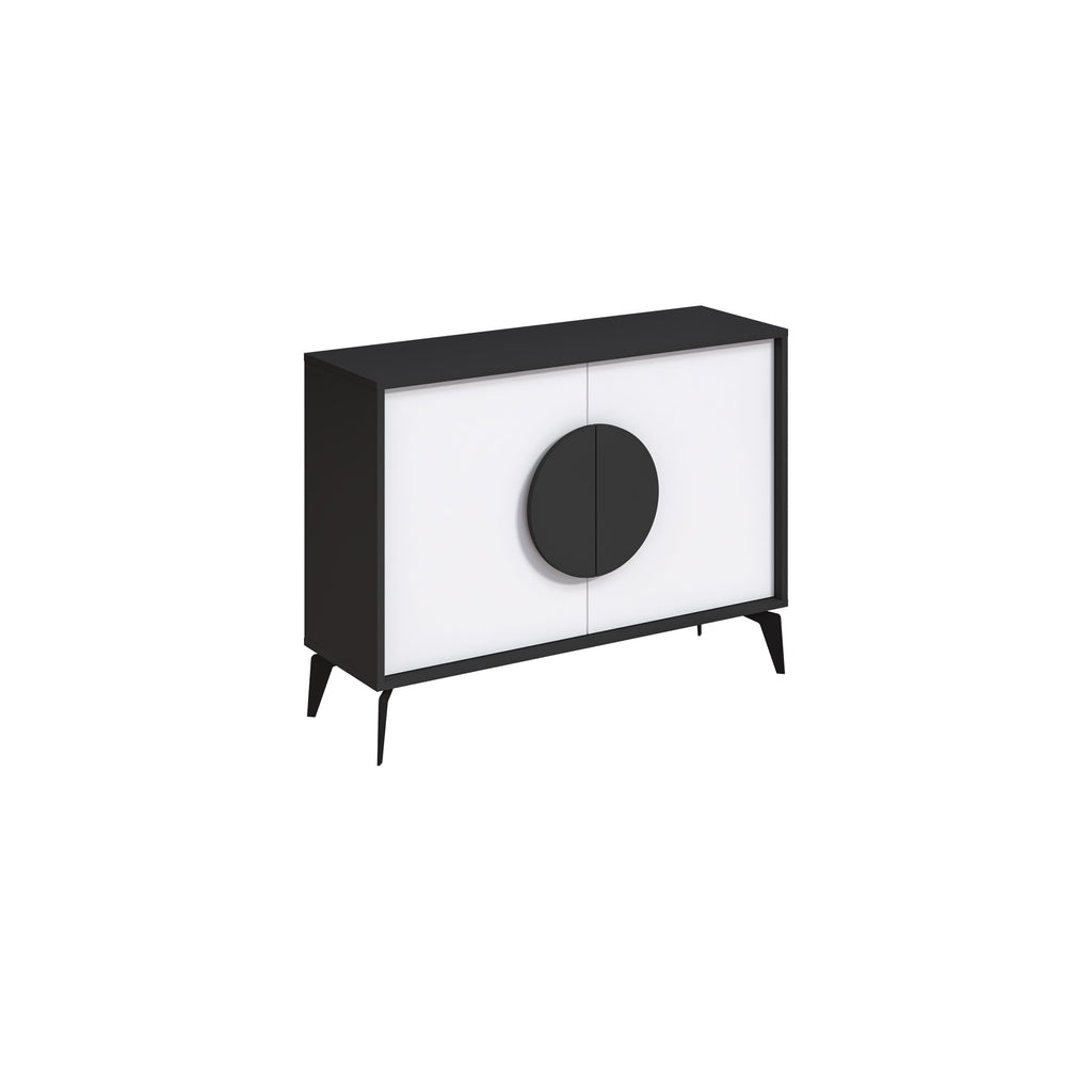 Modern sideboard cabinet with dark frame, white doors, and centered circular handle