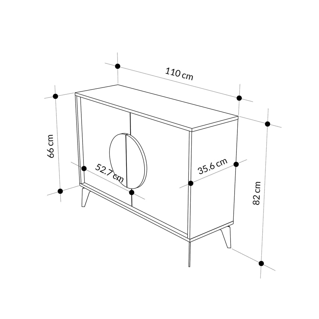 Sideboard display unit dimensions diagram: 110 cm wide, 82 cm high, 35.6 cm deep