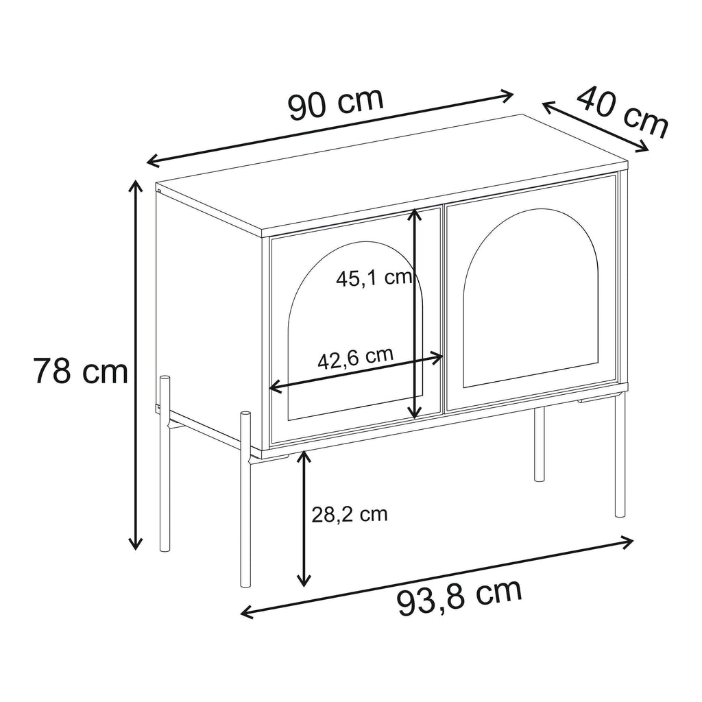 Buffet cabinet size diagram with 90 cm width, 78 cm height, and 93.8 cm depth.