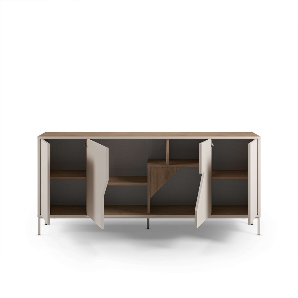 Modern sideboard with open doors showing interior shelves and an oak divider