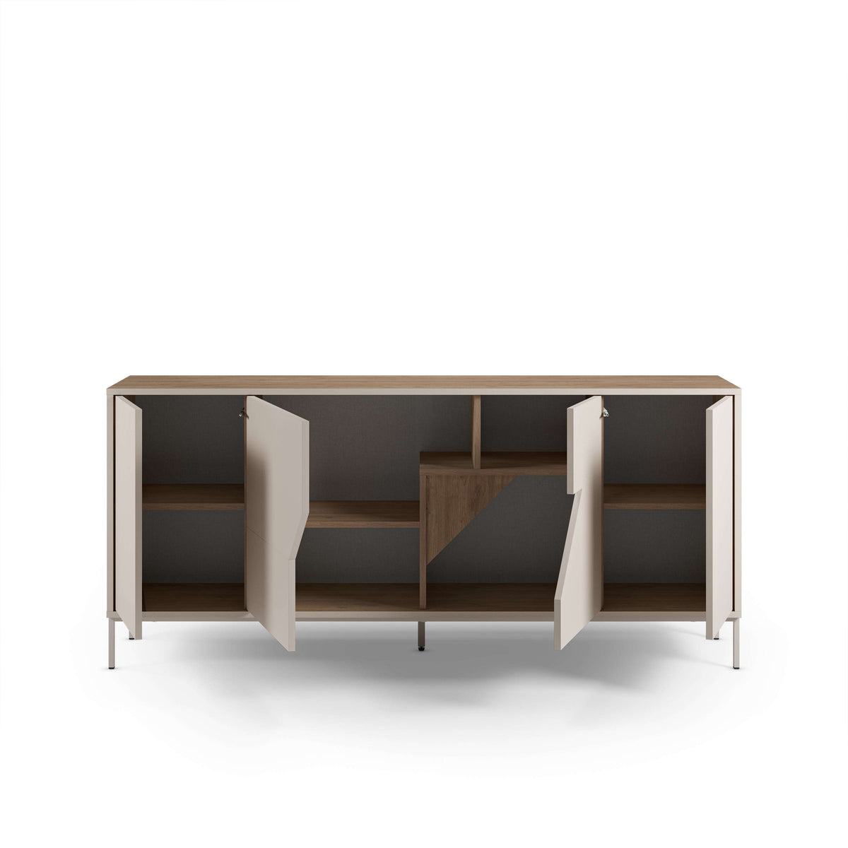 Modern sideboard with open doors showing interior shelves and an oak divider