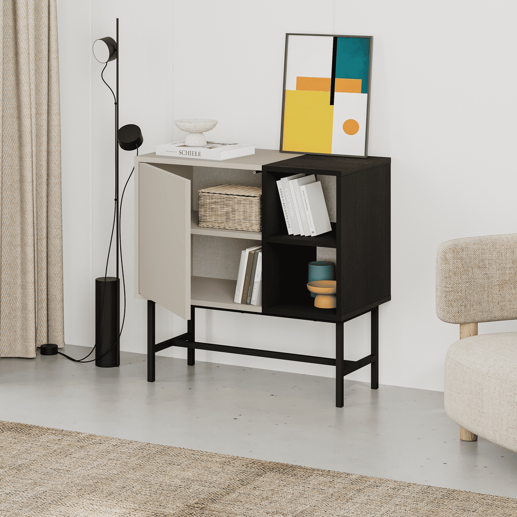 Mini console table with drawer and open shelves, ash green drawer and black shelving