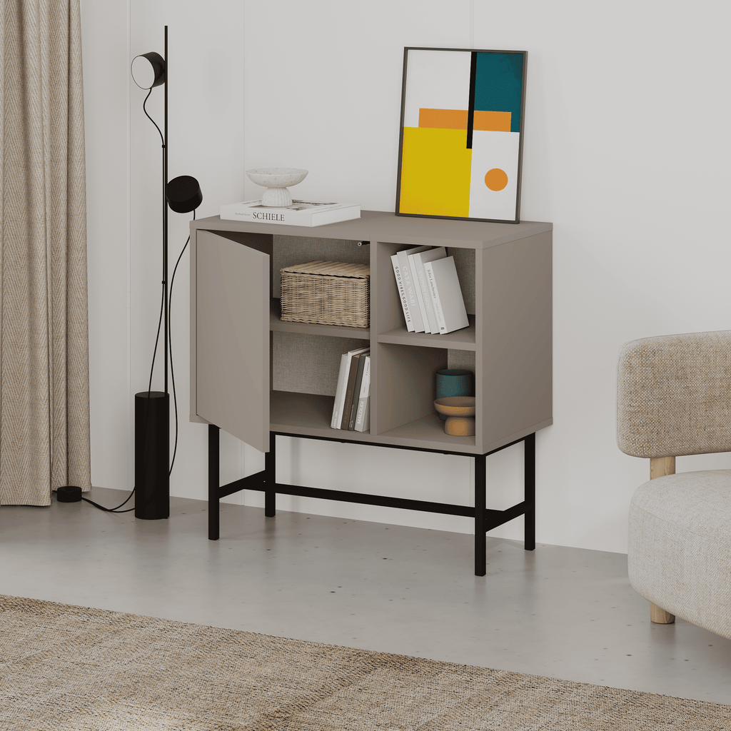 Mini console table with drawer and open shelves, ash green cabinet and black shelving