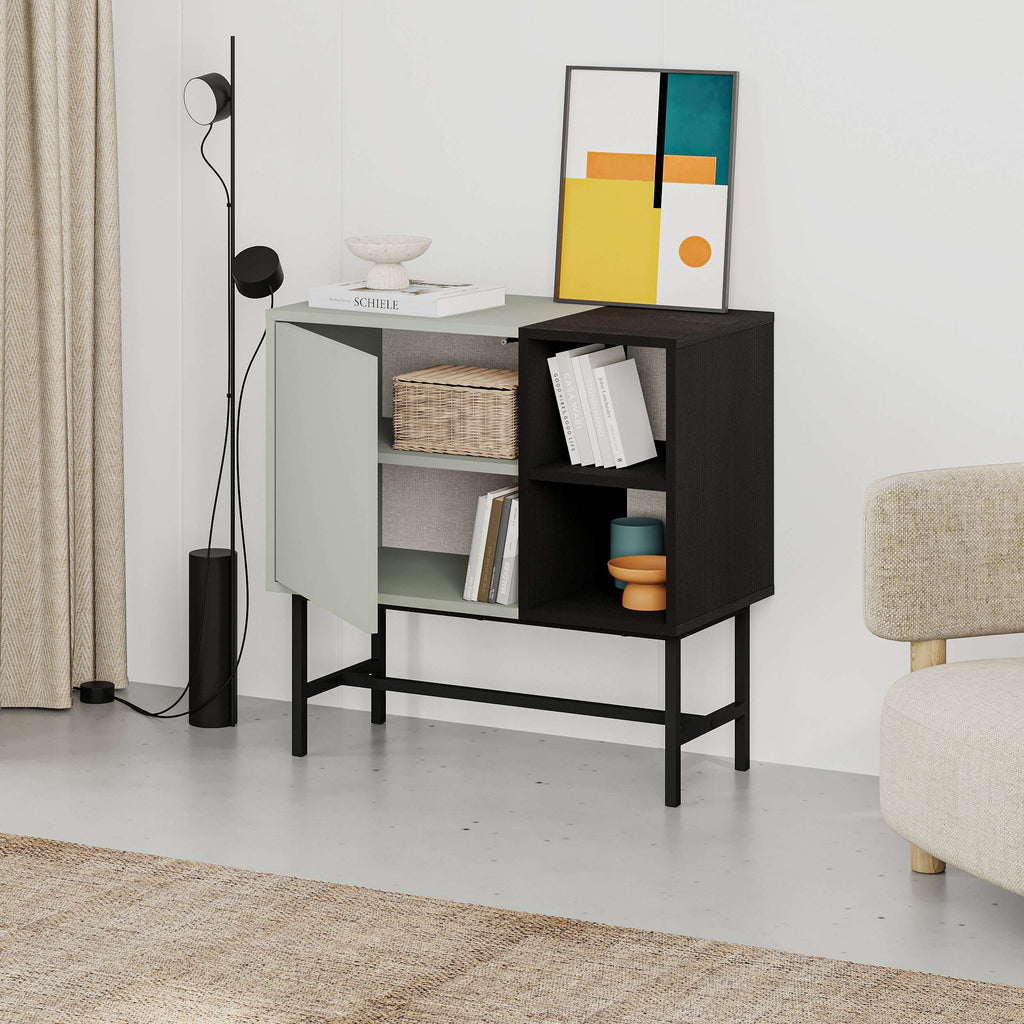 Mini console table with drawer and open shelves, light mocha cabinet and black shelving