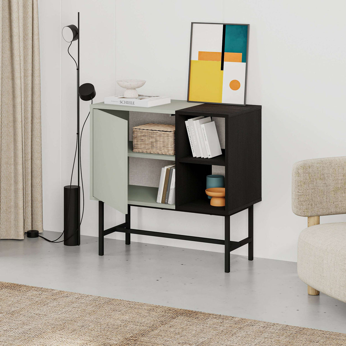 Mini console table with drawer and open shelves, light mocha cabinet and black shelving