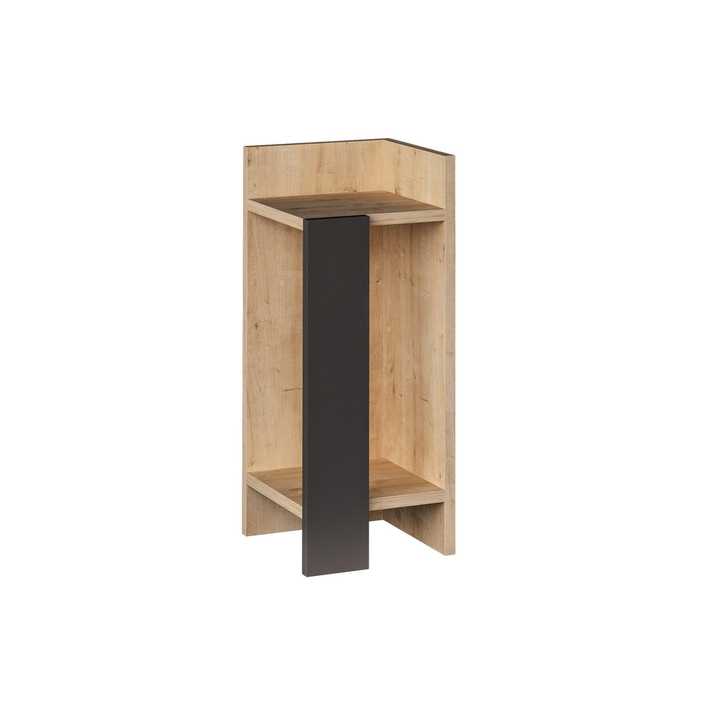Natural wood narrow bedside table with open shelves and dark center panel, 25cm