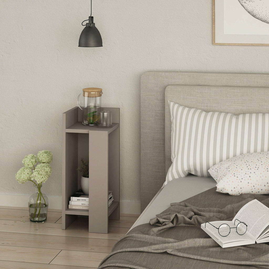Brown narrow bedside table left module with open shelving for decor and books