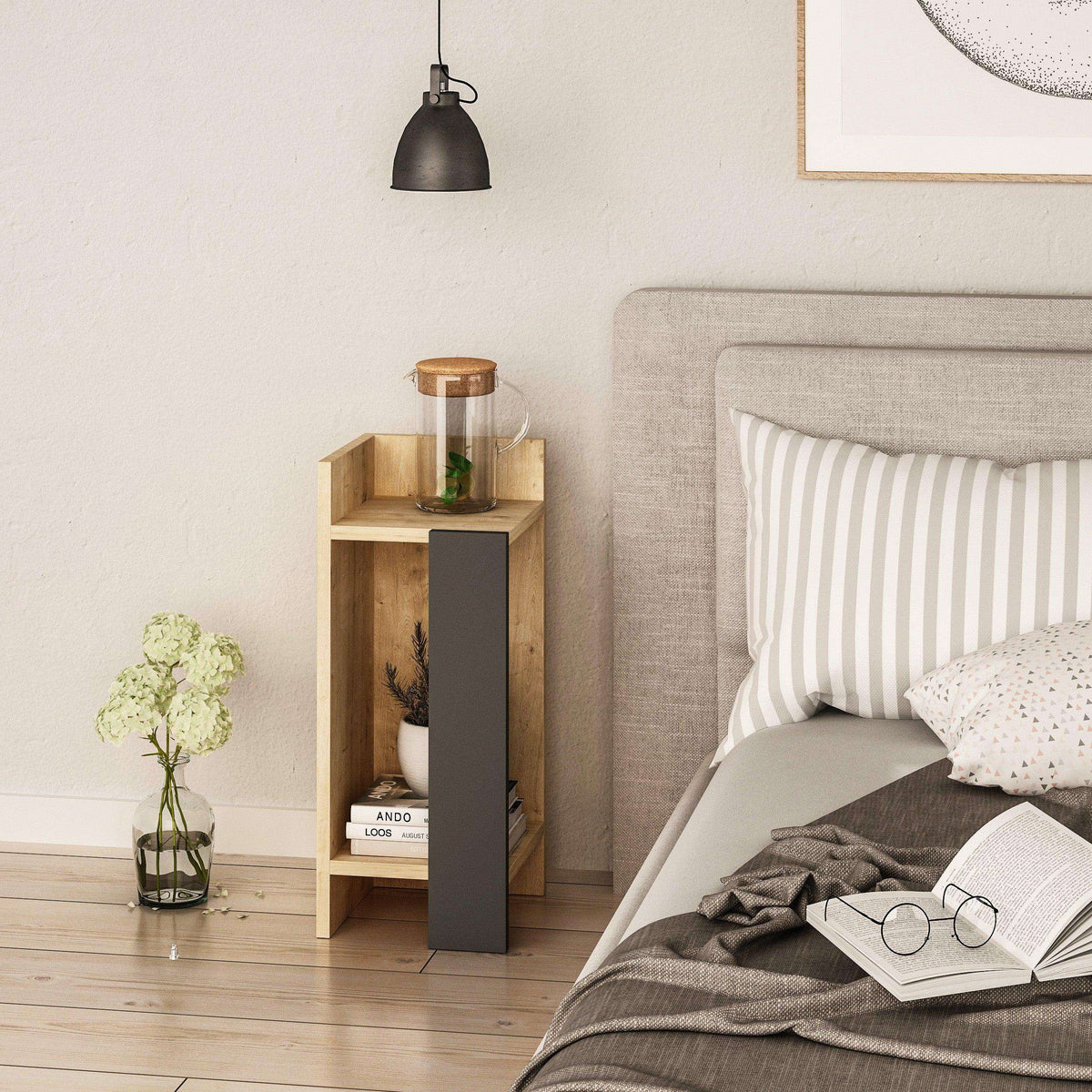 Narrow left bedside table module, light oak with dark grey side panel and open storage